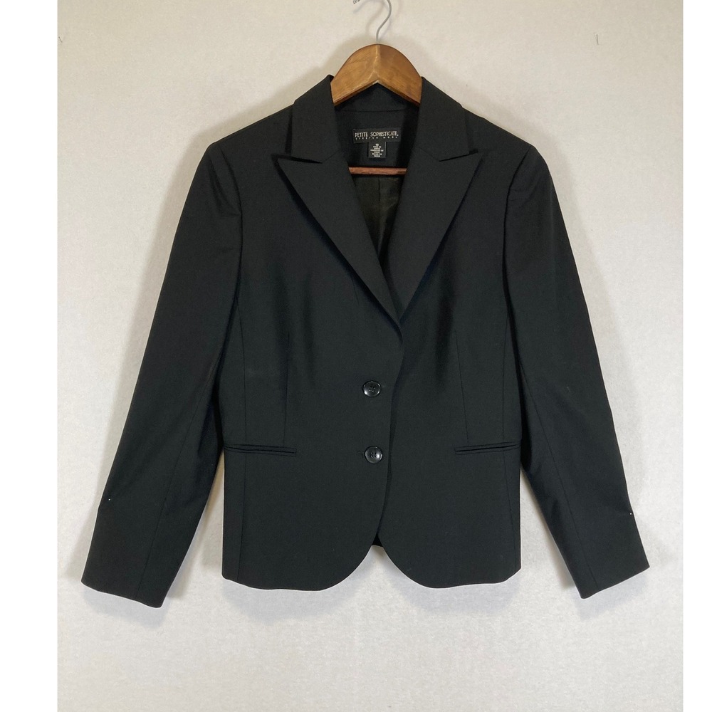 Professional Petite Sophisticate Womens 10 Black Stretch Wool 2-Button Blazer